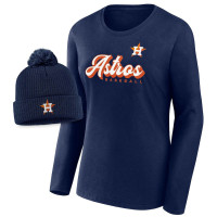 Women's Houston Astros Baseball Run The Bases Long Sleeve baseball T-shirt & Cuffed Knit Hat with Pom Combo Set - Navy Women's Houston Astros Baseball Run The Bases Long Sleeve baseball T-shirt & Cuffed Knit Hat with Pom Combo Set - Navy